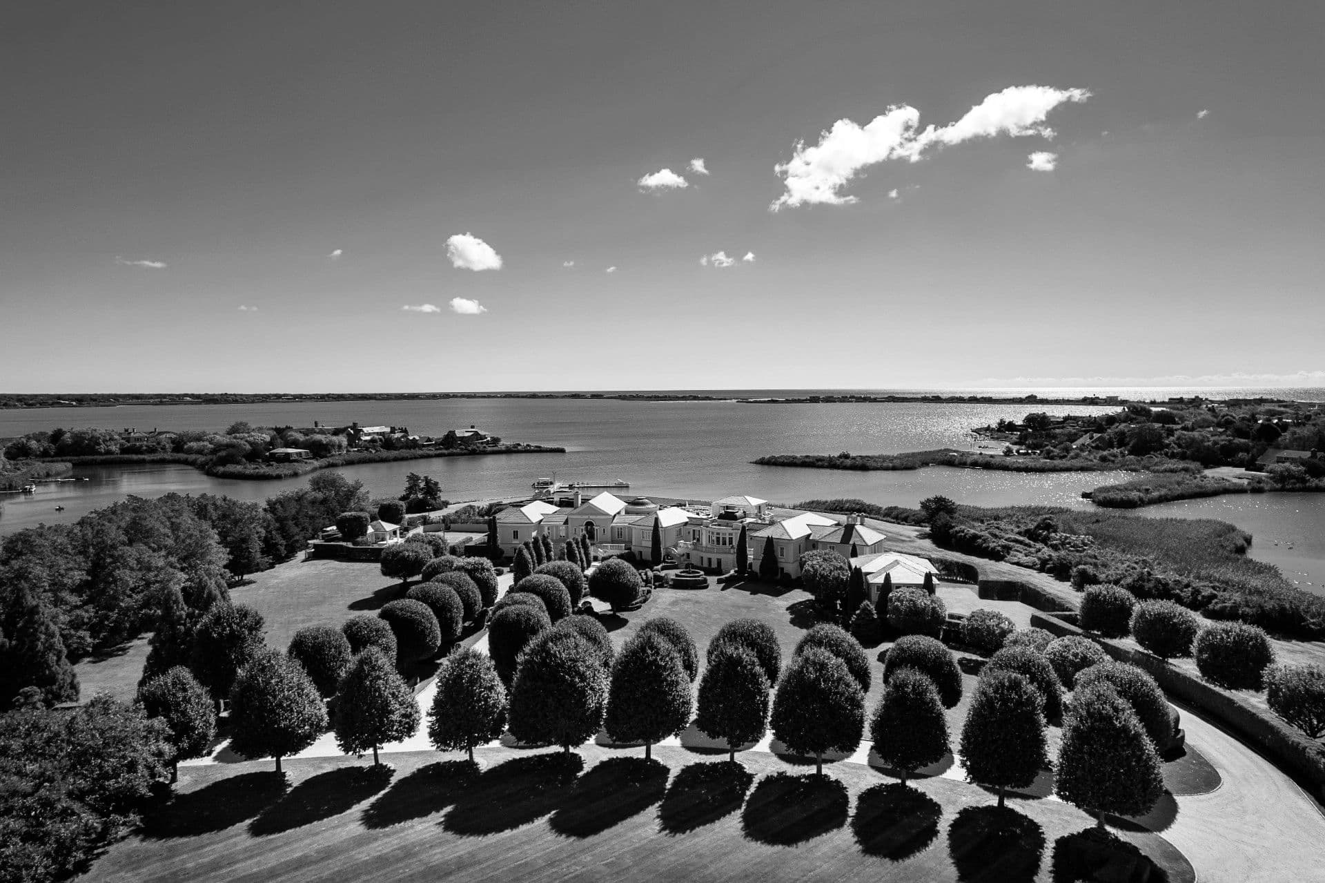Bayfront estate on the East End, in black and white